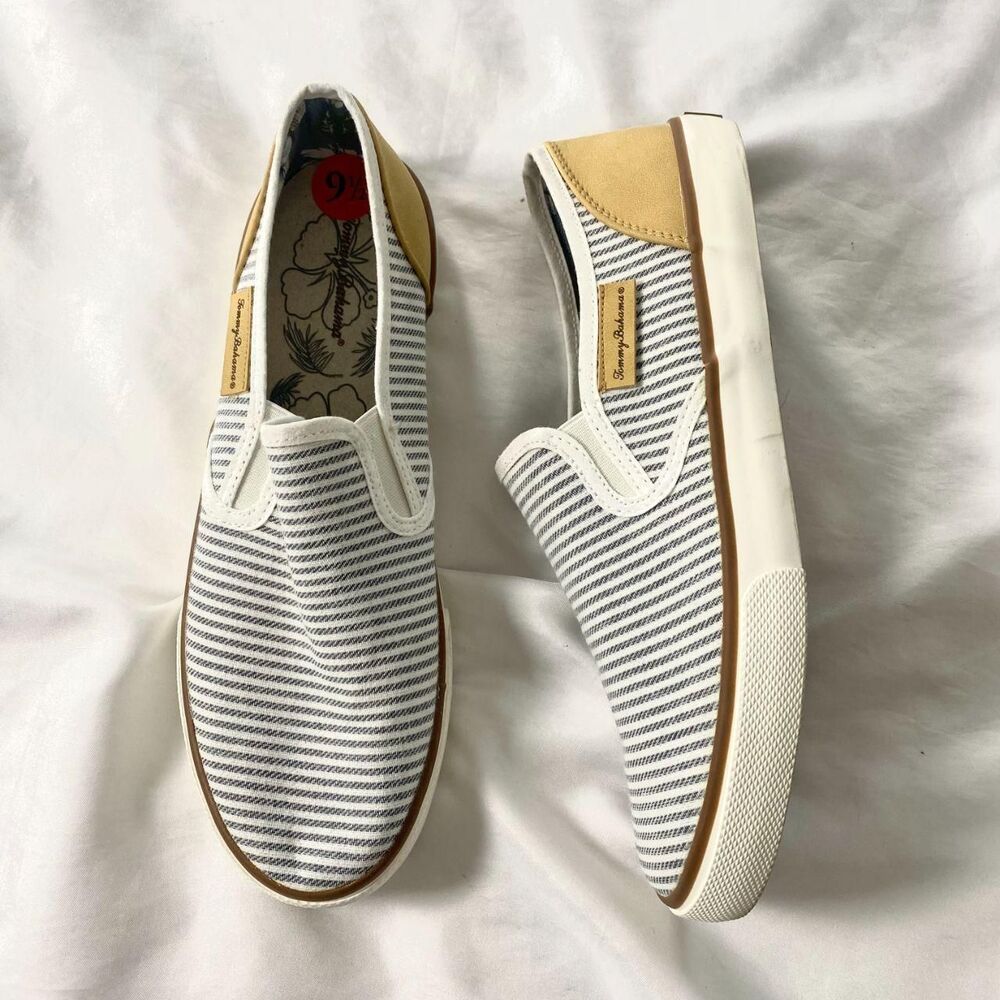 Tommy Bahama Preppy Minimalist Nautical Striped Canvas Leather Slip On Sneaker